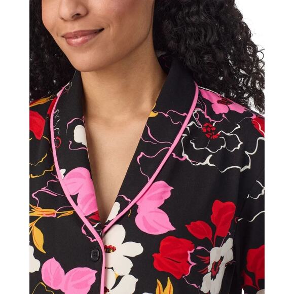 Room Service Shawl Collar Pajama Set (Size S) Color: Black/Pink/White-Floral New - Picture 1 of 13